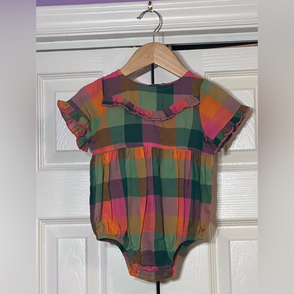 Pink Chicken Amelia Bubble romper multi squares 6-12mo